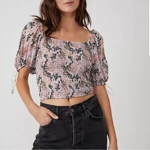 Free People Floral Smocked Puff Sleeve Top NWT